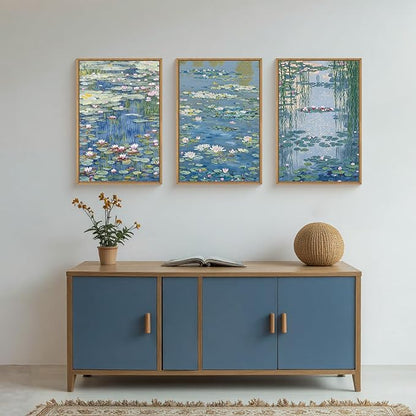 Large Nature Lilies Ponds Framed Canvas Wall Art,Impressionist Flower Wall Decor,Claude Monet Style Wall Painting,Garden Botanical Artwork for Living Room,Bedroom,Dining Room,Office -24"x36"x3
