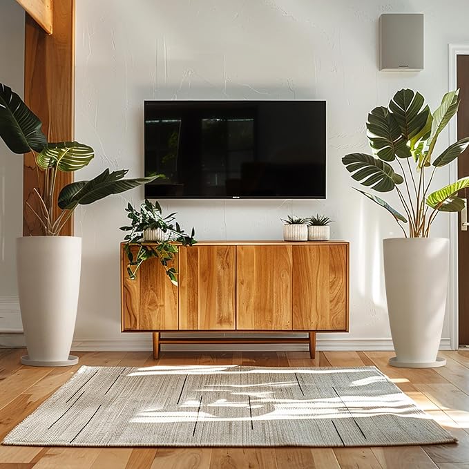 LA JOLIE MUSE 27 Inch Tall White Planters,Set of 2 Tall Round Planters for Indoor Plants with Trays,Modern Tree Planters for Front Door and Patio Deck