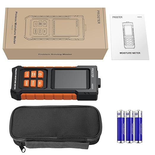 Proster Pinless Moisture Meter with Alarm - Non-Destructive Wood Moisture Tester for Walls, Flooring, Lumber | 20mm Depth, VA Color Screen, Acoustic Alert, 4 Modes (Drywall, Mortar, Hard/Softwood)