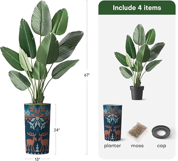 Artificial Tree in Modern Christmas Reindeer Pattern Planter, Fake Bird of Paradise Silk Tree for Indoor and Outdoor Home Decoration - 67" Overall Tall (Plant Pot Plus Tree)
