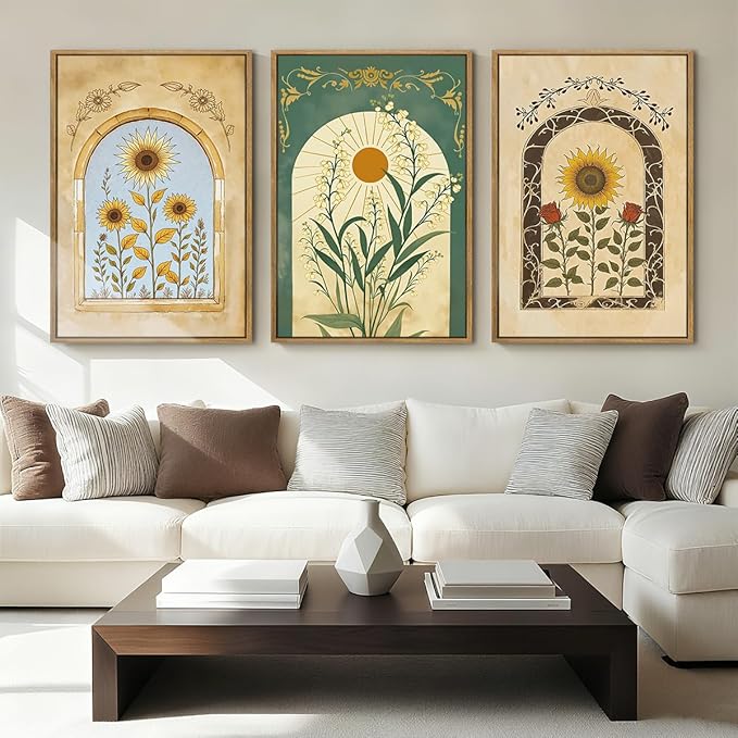ANHUIB Vintage Boho Spiritual Wall Decor 16x24 Inch Botanical Wall Art Earthy Sunflower Illustration Set of 3 for Living Room Bedroom Office