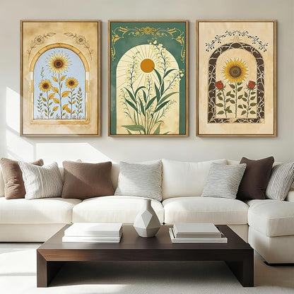 ANHUIB Vintage Boho Spiritual Wall Decor 16x24 Inch Botanical Wall Art Earthy Sunflower Illustration Set of 3 for Living Room Bedroom Office