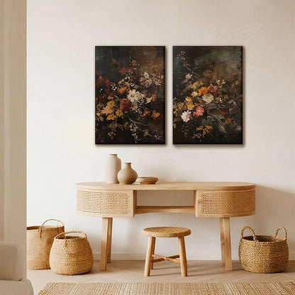 2pcs Vintage Dark Floral Canvas Wall Art Moody Autumn Floral Wall Decor Pictures Country Flowers Posters Prints Still Life Paintings for Farmhouse Living Room Bedroom Dining Room Decor 12x16 Inch