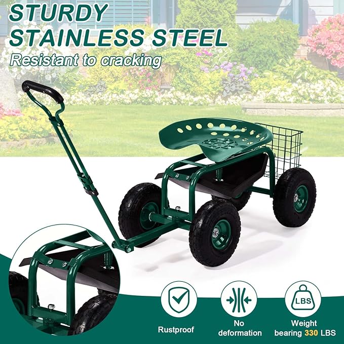 Outvita Garden Cart Rolling Workseat with Wheels, Gardening Stool with Adjustable 360 Degree Swivel Seat, Extendable Handle, Tool Tray & Storage Basket, Gardening Scooter for Yard, Planting, Green
