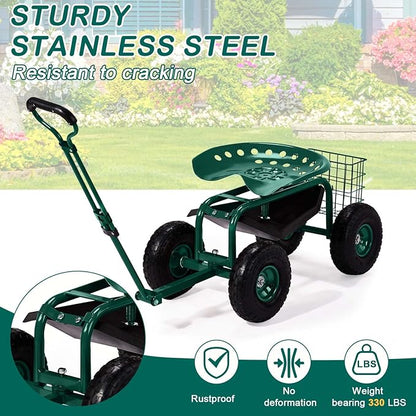 Outvita Garden Cart Rolling Workseat with Wheels, Gardening Stool with Adjustable 360 Degree Swivel Seat, Extendable Handle, Tool Tray & Storage Basket, Gardening Scooter for Yard, Planting, Green