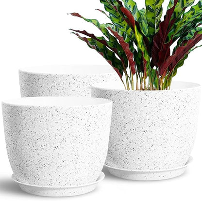 3 X 10Inch Plant Pots Set for Indoor Outdoor, Flower Pots for House, Plant Planters Pots with Drainage Hole and Saucer Plastic Decoration Pot, Speckled White
