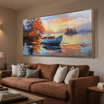 Brushart Ship Wall Art for Living Room, Large Canvas Wall Art Landscape Pictures Paintings Wall Decor Textured Artwork for Walls Bedroom Home Office, Framed 48"x24"