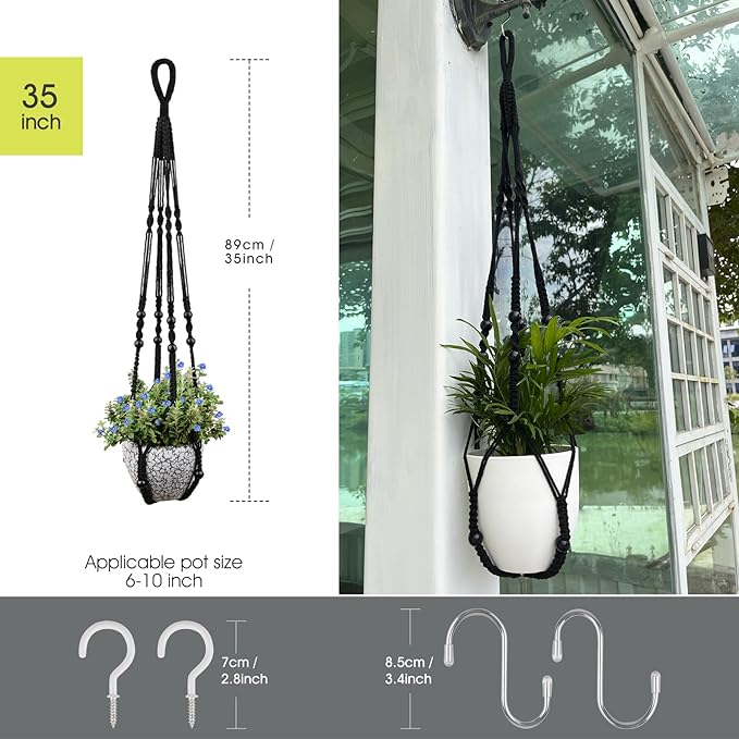 RIFNY Macrame Plant Hanger for 5 to 10 Inch Plant Pots, 35 Inch Woven Rope Hanger Kits with Hooks and Wood Beads, Hanging Planter Basket for Indoor Boho Home Decor (Black, 2 Pack)