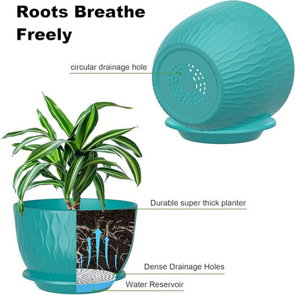 12/10/9 Inch Planter Pots, 3-Pack Large Flower Pots for Indoor Outdoor Garden Plants, Big Plant Pots with Multi Mesh Drainage Holes and Saucer (Black-Green, 12"+10"+9")