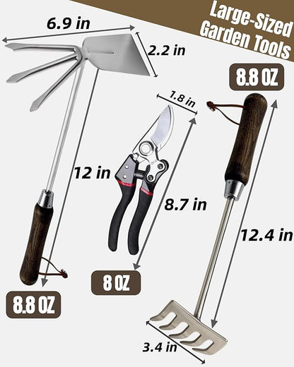 Garden Tool Set, 6PCS Heavy Duty Stainless Steel Gardening Hand Tools with Ropes, Includes Hand Cultivator Shovel Trowel Transplanter 2-in-1 Hoe Pruner Ideal Gardening Gifts for Women Men (Gift Box)