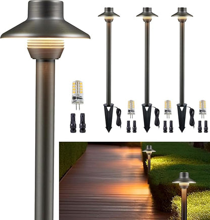 Gardenreet Outdoor Brass Pathway Lights, Low Voltage Landscape Path Light Wired, 12V Walkway Lighting LED IP65 Waterproof, Hat Black for Outside Garden Yard with 3000K Soft White G4 Bulb (4 Pack)