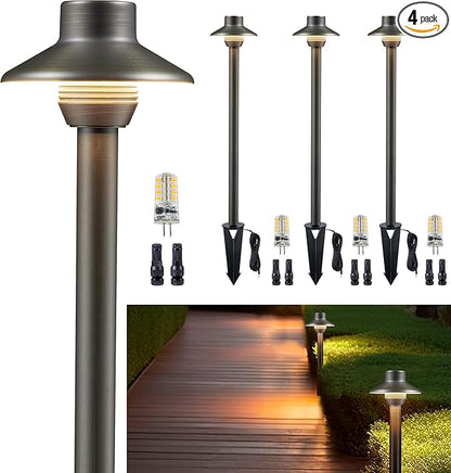 Gardenreet Brass Low Voltage Path Lights, Waterproof Landscape Pathway Light, 12V LED Outdoor Bronze Mini Shade Walkway Lamp for Driveway Yard Garden with 3W 270LM 4000K G4 Bulb 4 Pack