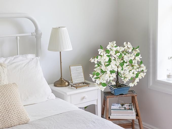 Briful Artificial Bougainvillea Tree in Blue Pot 18.5" Tall Faux Bougainvillea Floral Tree Tropical Silk Fake Bougainvillea Plant for Home Office Living Room Table Décor(White)