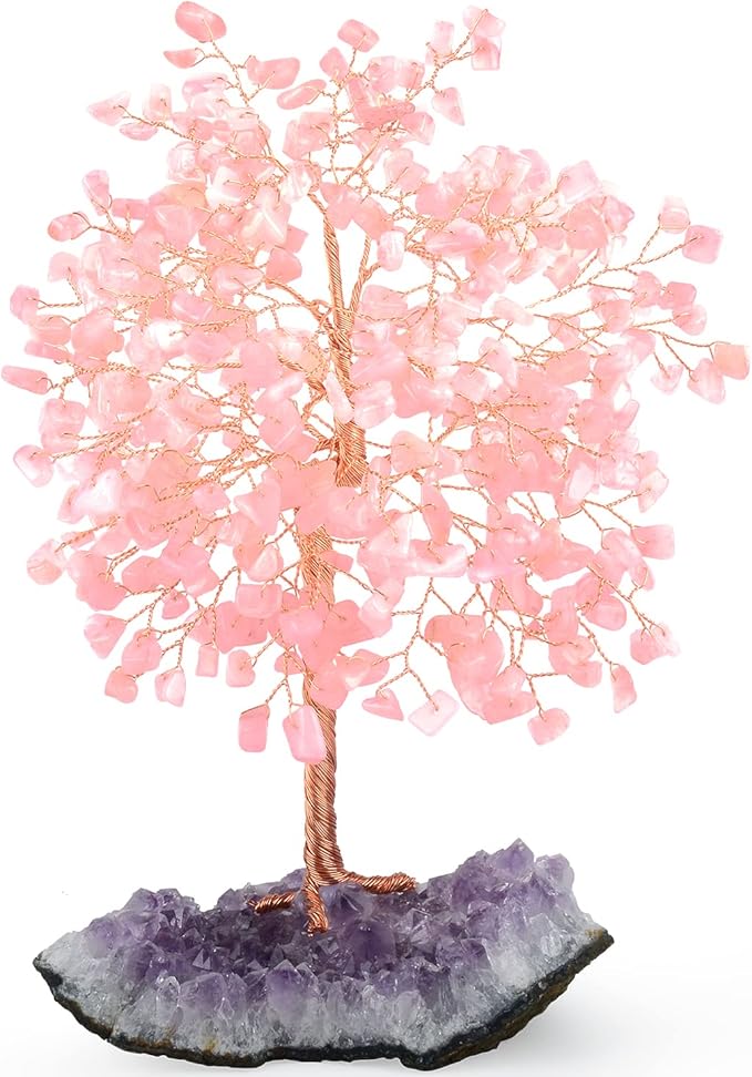 Gemstone Crystal Tree of Life,Natural Rose Quartz(406 Stones Count) with Amethyst Cluster Base,Chakra Positive Energy Feng Shui Decor Bonsai Money Tree,Birthday Gift 8.5''-9''
