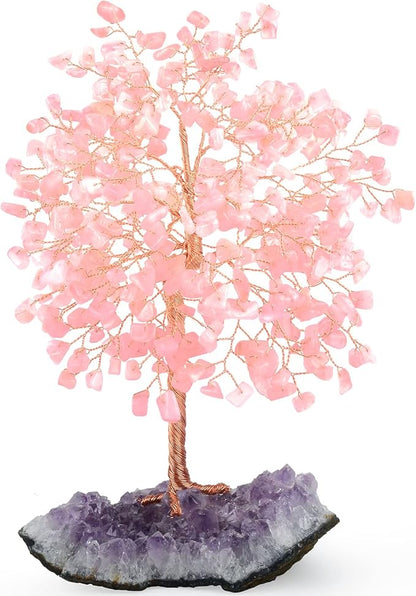Gemstone Crystal Tree of Life,Natural Rose Quartz(406 Stones Count) with Amethyst Cluster Base,Chakra Positive Energy Feng Shui Decor Bonsai Money Tree,Birthday Gift 8.5''-9''