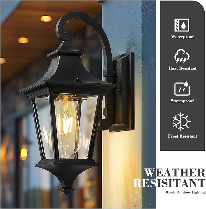 Emliviar 15 Inch Outdoor Wall Lantern, Modern Outside Front Door Lights, Black Finish with Clear Glass, XE292B BK