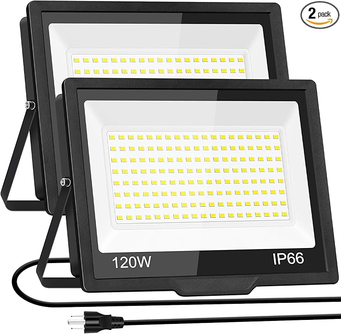 120W LED Flood Light Outdoor with Plug, 14400Lm Super Brighter Security Lights with 5ft Wire, IP66 Waterproof LED Work Light, 5000K Daylight White Exterior Floodlights for Yard Garage Stadium(2 Pack)