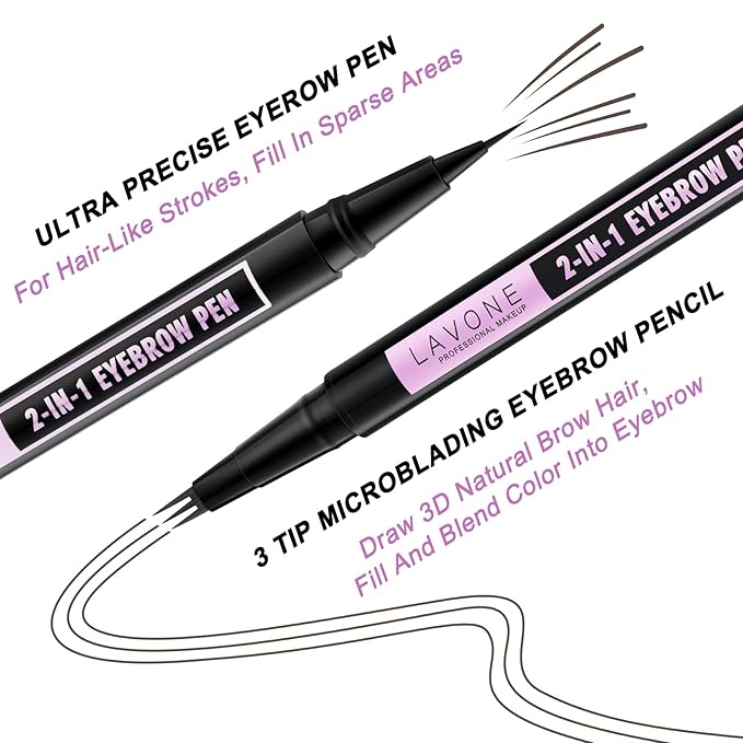 LAVONE Eyebrow Pencil, 2-In-1 Waterproof Eyebrow Pen, with 3 Tip Microblading Eyebrow Pen and Ultra-Precise Brow Pencil, Dual-ended Eyebrow Brush, for Eyebrow Makeup - Brunette