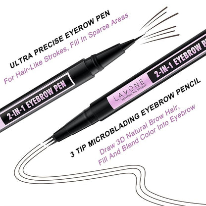 LAVONE Eyebrow Pencil, 2-In-1 Waterproof Eyebrow Pen, with 3 Tip Microblading Eyebrow Pen and Ultra-Precise Brow Pencil, Dual-ended Eyebrow Brush, for Eyebrow Makeup - Brunette