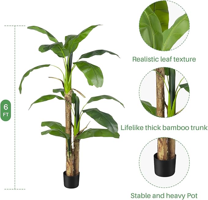 Artificial Banana Tree Faux Tall Plant Fake Banana Leaf Plant Banana Silk Tree Faux Banana Leaves for Home Swimming Pool Indoor Outdoor Patio Tropical Decor