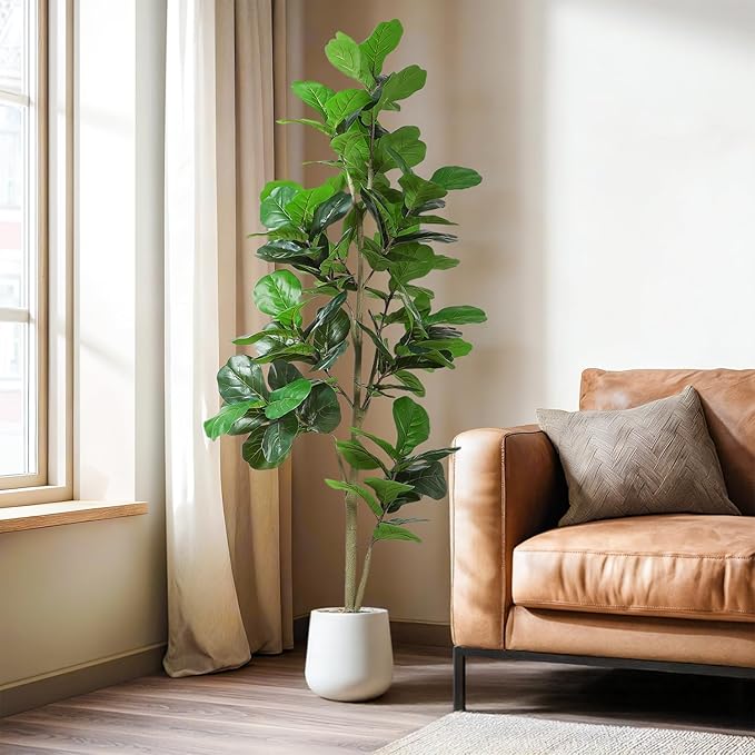 Artificial Fiddle Leaf Tree, 7ft Faux Plant Fake Ficus Lyrata Trees with White Planter, Artificial Fig Trees Floor Plants for House Office Living Room Indoor Home Decor, Housewarming Gift