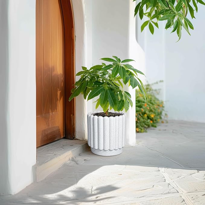 Ceramic Plant Pots - 9.6 Inch Ceramic Planters with Drainage Hole, Round Flower Pots for Indoor Plants, Modern Fluted Large Planter Outdoor, Home Room Decor, Gardening Gifts, White