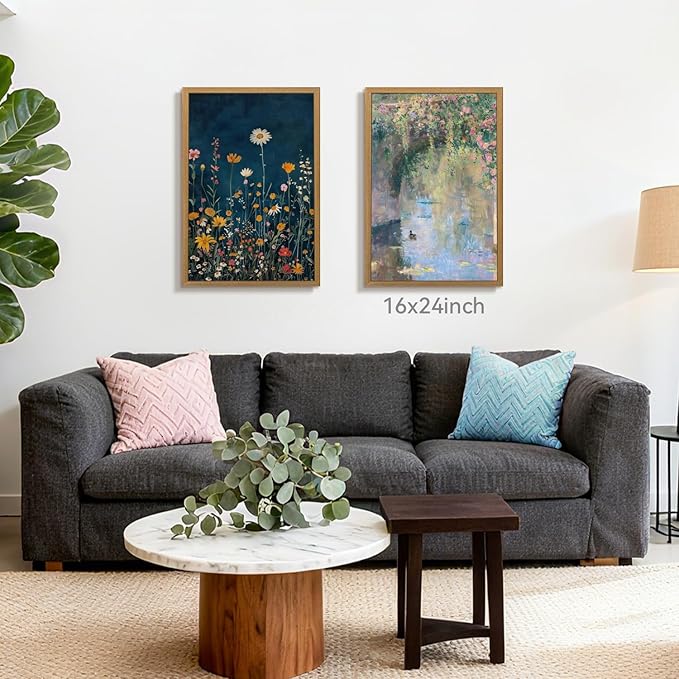 CAZLOUC Vintage Wildflower Wall Art, Colorful Botanical Flower Wall Decor, Rustic Dark Blue Floral Canvas Painting, Classic Minimalist Poster Print for Bedroom Office Wood Framed 16x24 Inch