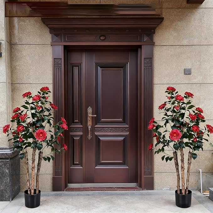 4ft Decorative Artificial Camellia Tree with Red Flowers, Potted Faux Floral Plant, Realistic Blooming Fake Plants for Indoor Outdoor Home Front Door Planter Decor