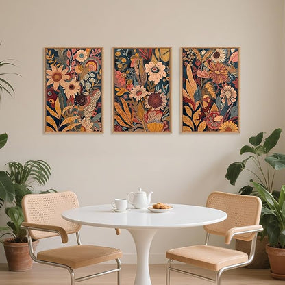 HOURIA Large Orange Flower Framed Canvas Wall Art Set,Boho Mid Century Modern Floral Botanical Wall Decor,Retro Vintage Blossom Artwork,Neutral Plant Art Print for Living Room,Bedroom,Office-16"x24"x3