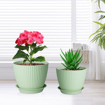 7/6.2/5.5/5/4.5/4 inch Plant Pots, 6 Pack Flower Pots for Small Indoor Outdoor Plants, Plastic Planters with Drainage Holes and Saucers for Garden Succulent House Plants, Green