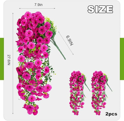 Artificial Hanging Flowers for Outdoor, 2 PCS Silk Morning Glory Faux Flowers with Eucalyptus Leaves,Realistic Hanging Plants for Wedding Home Office Garden Decor