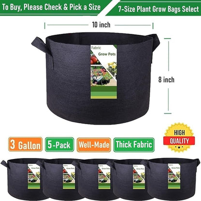 5-Pack 3 Gallon Thickened Plant Grow Bags (10x8 inch) Nursery Bags Fabric Plant Pots for Flower Pot,Herbs Veggies Planter Bag,Garden Pots,Barrel Planters,Garden Bag,Plant Container W/ Gardening Gloves