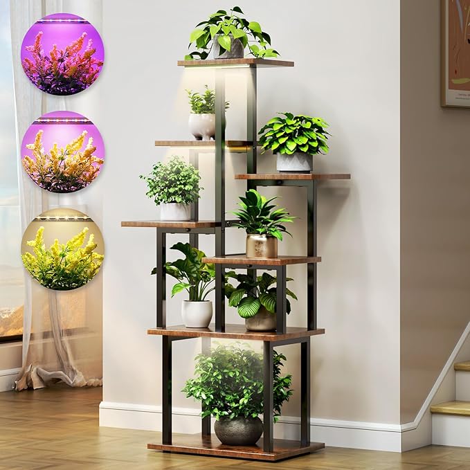 TC-HOMENY Plant Stand Indoor with Grow Lights, 45" Tiered Metal Plant Shelf, 45" Tall Plant Stand for Indoor Plants Multiple, Large Plant Rack Display Shelves, Corner Plant Holder for Living Room, Patio