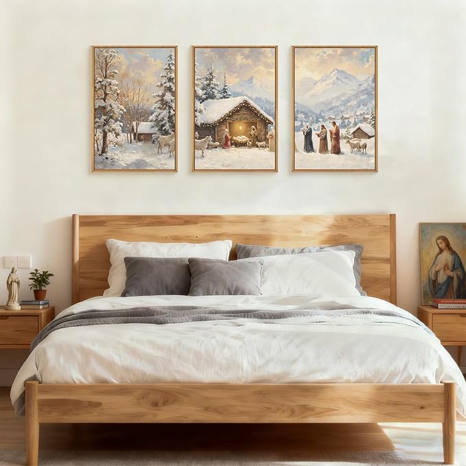 HOURIA Christian Christmas Nativity Framed Canvas Wall Art Set,Religious Mary Joseph & Jesus Christ Biblical Decor,Holy Family Star of Bethlehem Winter Artwork for Living Room,Church,Holiday-16"x24"x3