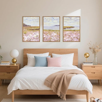 HOURIA Watercolor Pink Floral Coastal Landscape Framed Canvas Wall Art Set,Nature Inspired Wildflower & Meadow Cottage Field Wall Decor,Modern Seaside Beach Artwork for Living Room,Farmhouse-24"x36"x3