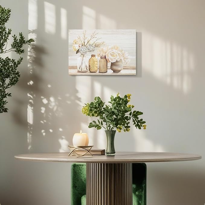 Farmhouse Floral Wall Art for bathroom, Flower Rustic Wood Board Canvas Wall decor Art hand paint Paintings Country Flower Pictures Posters Prints Artwork for living room Bedroom kitchen, 16L X 12W