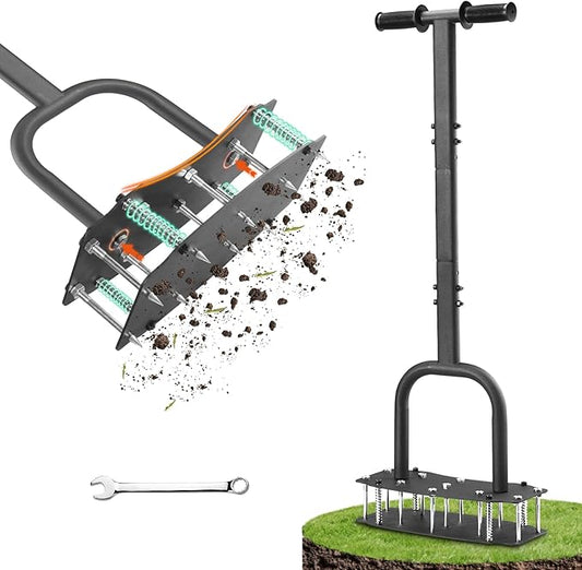 Lawn Aerator Tool with Bolt-On Base & Kick-to-Unclog - Manual Grass Aerator for Compacted Clay Soil, Never Weld Never Break, 12.2x6 Inch Wide Plate Covers 20% More (Pre-Assembled)