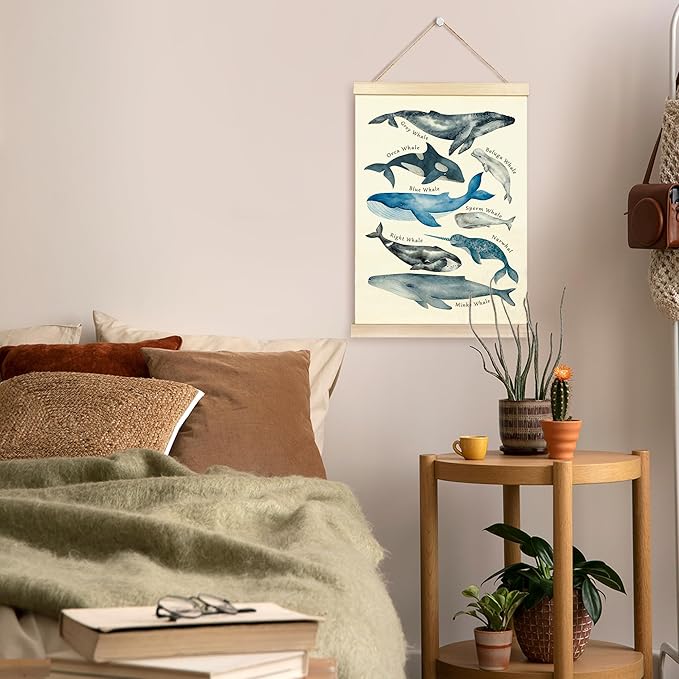TAEDIN Whales Ocean Animal Chart Poster Hanger Frame, Whales Nautical Wall decor Educational Wooden Canvas Print, Sea Life Beach Wall Decor Painting for Classroom Nursery Bedroom Teen Room 16X24