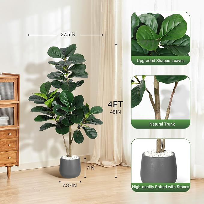 4 ft Fiddle Leaf Fig Tree Artificial with 48 Leaves - Realistic Faux Ficus Lyrata Trees in 7.8 in Grey Planter Pot, Indoor Fake Floor Plants for Home Office Living Room Decor, Housewarming Gift