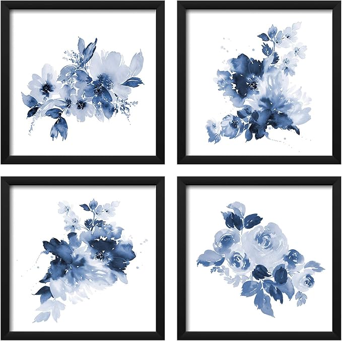 ArtbyHannah Framed Bathroom Wall Decor, Navy Blue Wall Art with Black Frame and Watercolor Floral Prints Pictures for Kitchen Bedroom Home Decorations (4 Pack, 10x10 Inch)