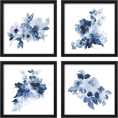 ArtbyHannah Framed Bathroom Wall Decor, Navy Blue Wall Art with Black Frame and Watercolor Floral Prints Pictures for Kitchen Bedroom Home Decorations (4 Pack, 10x10 Inch)