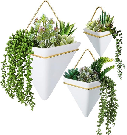 Rtteri 15 Pcs Hanging Artificial Succulents Plants for Indoor Fake Wall Planter with Faux Plants Geometric Vase Pot (8.2/5.9/4 Inch Size) Ceramic Holder and Mini Fake Succulent for Home Office(White)
