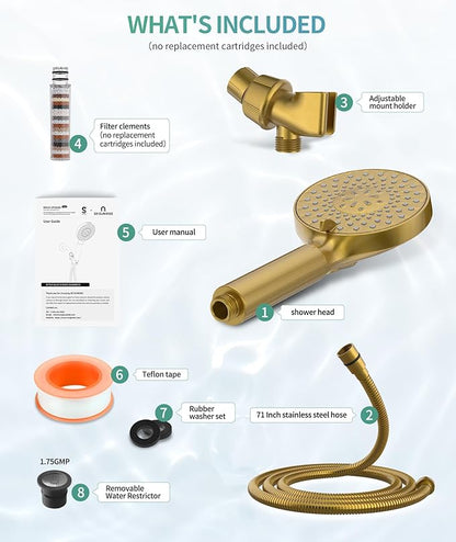 Filtered Shower Head with Handheld, High Pressure 9 Spray Mode Brushed Gold Showerhead with Filters, Detachable Shower Head, Water Softener Filters Beads for Hard Water - Remove Chlorine