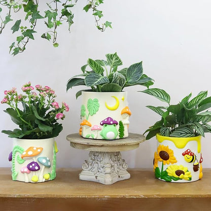 GUGUGO Colorful Mushrooms Planters Cute Unique Rainbow Planter with Drainage, Vintage Retro Flower Plant pots for Indoor Plants, Eclectic Succulent Gardening Pot for Boho Modern Home Décor (C,5 Inch)