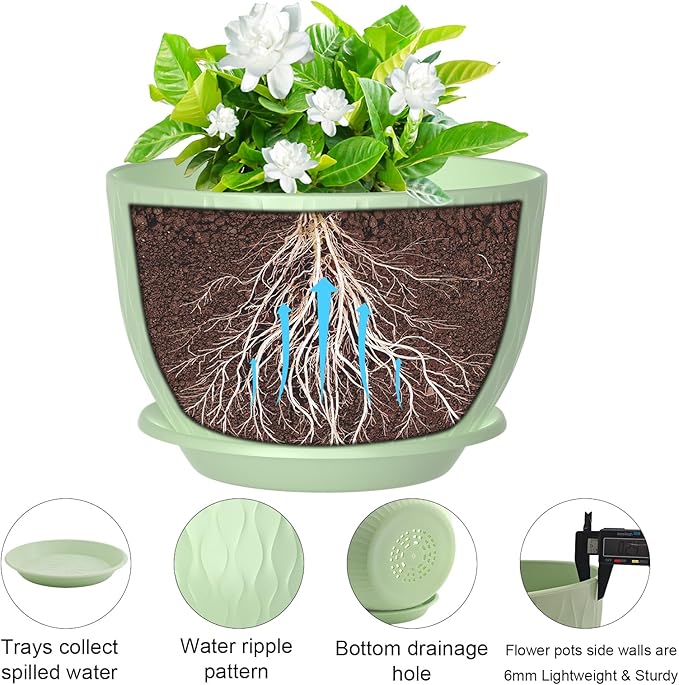 10 inch Large Plant Pots, Flower Pots with Multi-Mesh Drainage Holes and Saucer, Plastic Planters for Indoor and Outdoor Garden Plants (Green, 10")