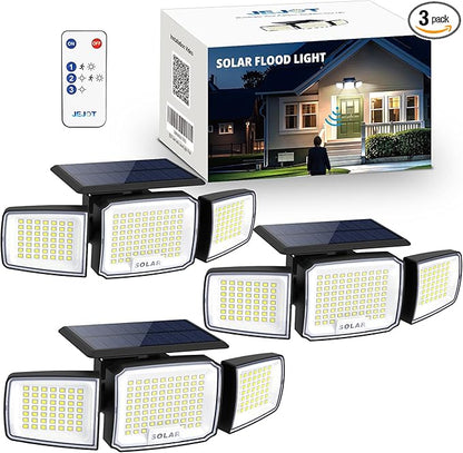 Solar Security Light Outdoor Super Bright LED w/Remote Control, Radar Motion Sensor Flood Light, 3 Heads 270° Wide Angle, IP65 Waterproof, 3 Modes (3 Packs)