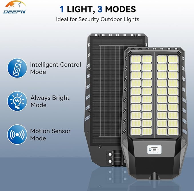 Deepn 9000W Solar Street Light, Bright LED Security Solar Flood Light with Motion Sensor & Dusk to Dawn, IP67 Waterproof Commercial Lights Outdoor for Outside, Parking Lot, Street, Yard, 2 Pack