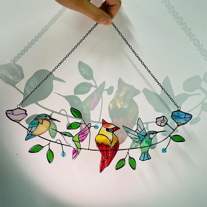 Stained Glass Window Hanging, Birds on A Branch Stained Glass Suncatcher Cardinal Hummingbird Kingfisher Glass Panel Sun Catchers for Indoor Windows Hanging Home Decor,Gifts for Women,Bird Lover