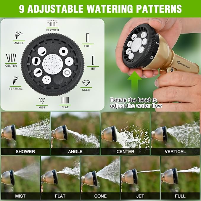 Yesker Garden Hose Nozzle, Water Hose Sprayer Nozzle Adjustable 9 Spray Patterns Heavy Duty Metal Water Nozzles for Hose Outdoor with Non-Slip Rubber Grip for Watering Plants Lawns Washing Cars Pets