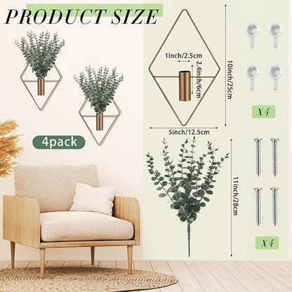 Jexine Hanging Planters with Artificial Eucalyptus Metal Hanging Vase Indoor Plants Holder Modern Geometric Boho Bathroom Wall Decor for Living Room Home Office (Bronze,8 Pcs)